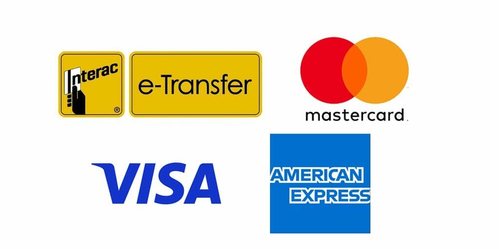 Payment options — Visa, Mastercard, Debit, e-Transfer, Cash