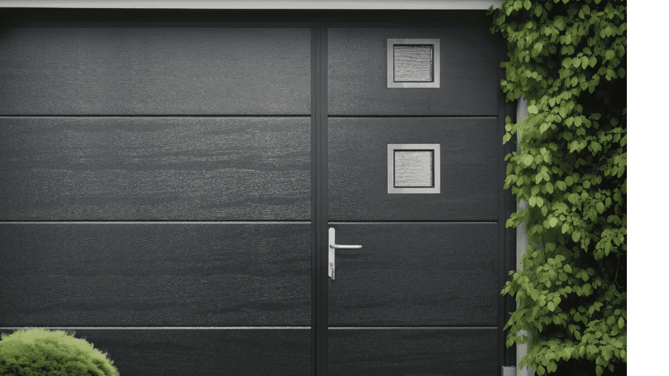 Ryterna walk-through garage door in RAL 9005 woodgrain