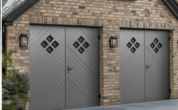 Diamond pattern side-hinged garage doors