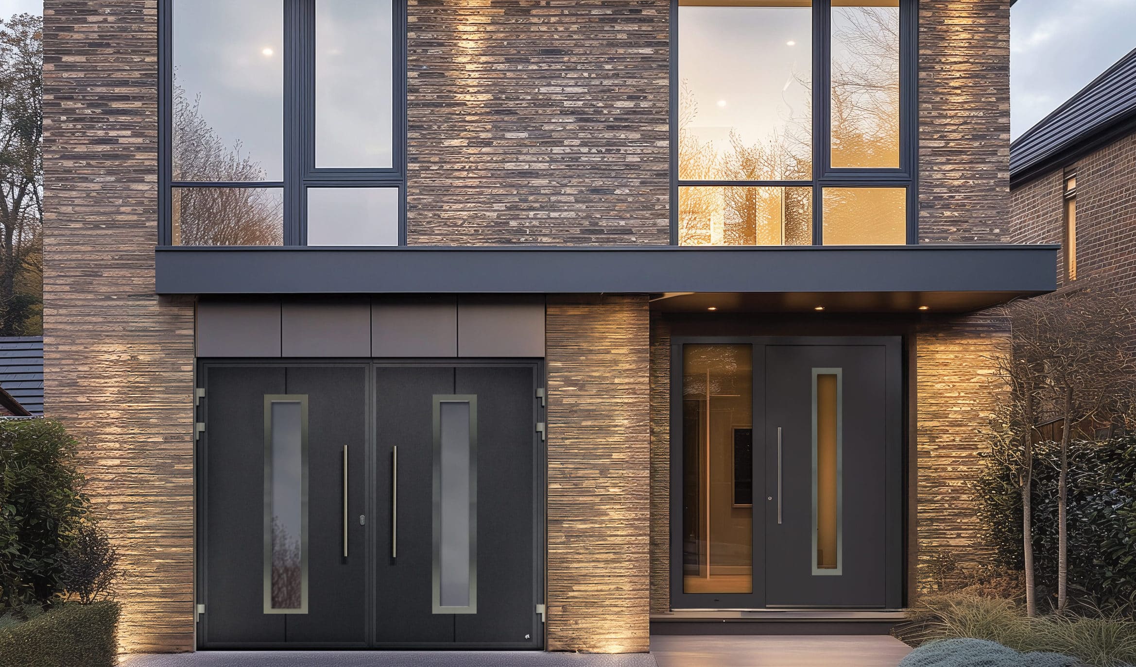 Side-hinged garage doors exterior view