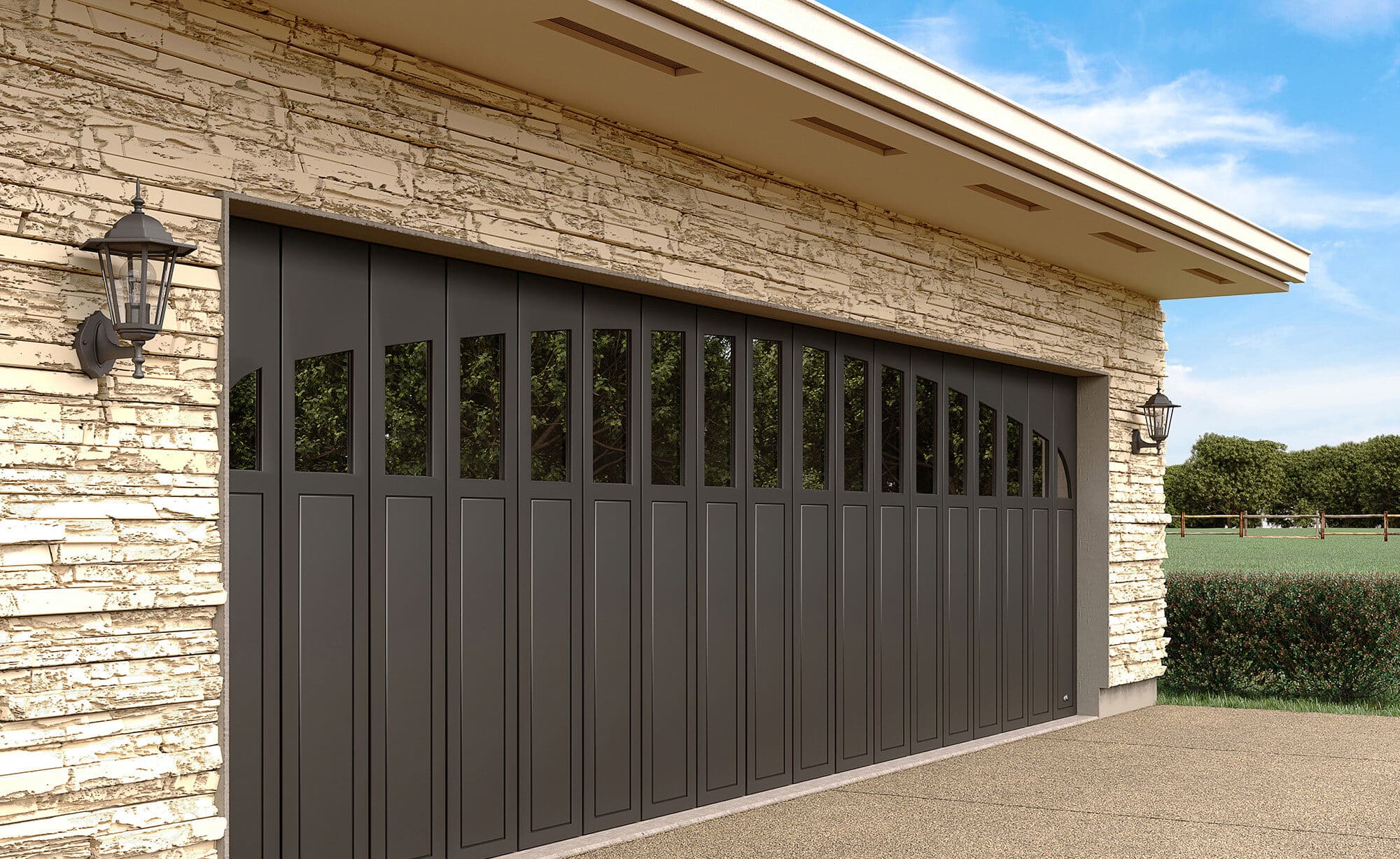 Luxury side-sliding garage door on a modern Saskatoon home