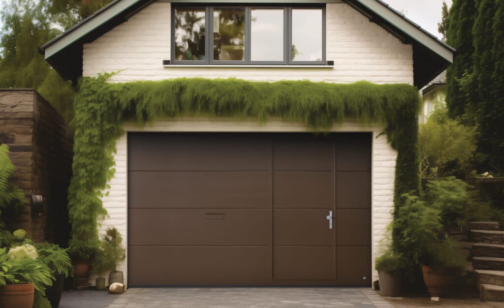 Flush-mounted pedestrian door built into a sectional garage door